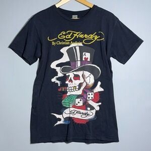 Ed Hardy Y2K Graphic T Shirt Mens Size Medium Cotton Skull Dice Black Cyber
